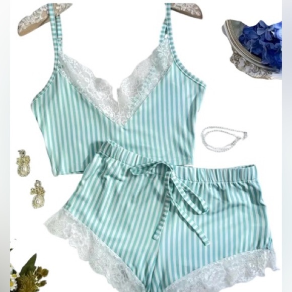 Striped Mint Green Lace Trim Sleepwear Set NWT - Picture 3 of 5